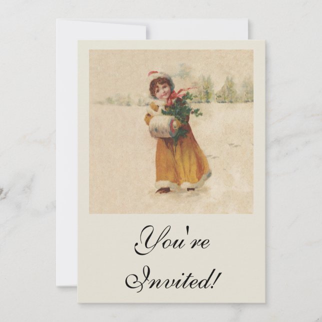 Invitation Antique Fille de Noël Enfant d'hiver (Devant)