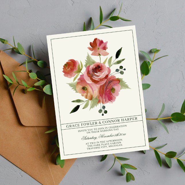 Invitation Antique Floral rose À feuillage persistant Bouquet (Créateur téléchargé)