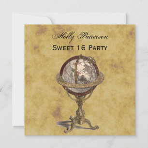 Invitation Antique Globe, Distressed BG SQ Sweet 16