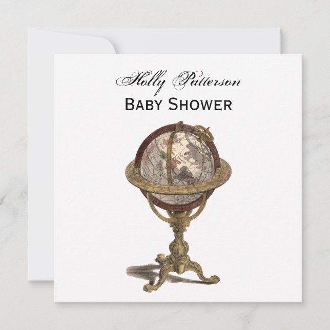 Invitation Antique Globe, White BG SQ Baby shower (Devant)