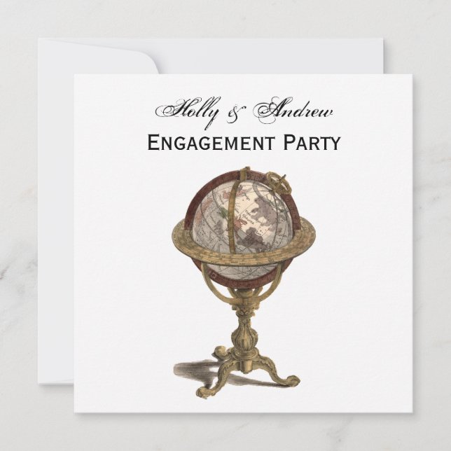 Invitation Antique Globe, White BG SQ Fiançailles (Devant)