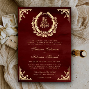 Invitation Antique Gold Crest Bourgogne Rouge Mariage musulma
