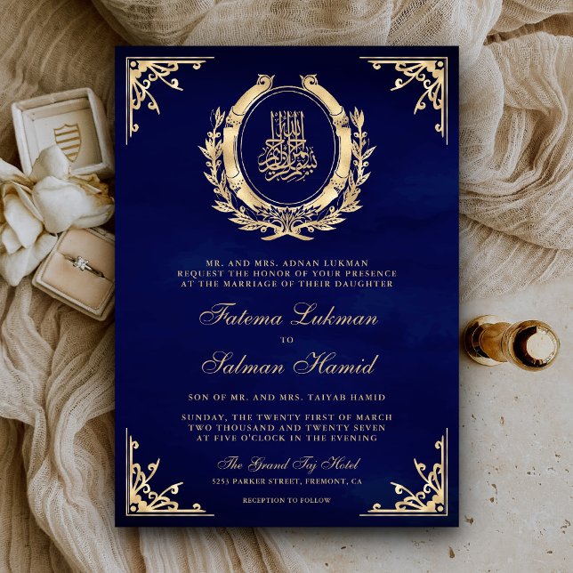 Invitation Antique Gold Crest Royal Blue Musulman Mariage (Créateur téléchargé)