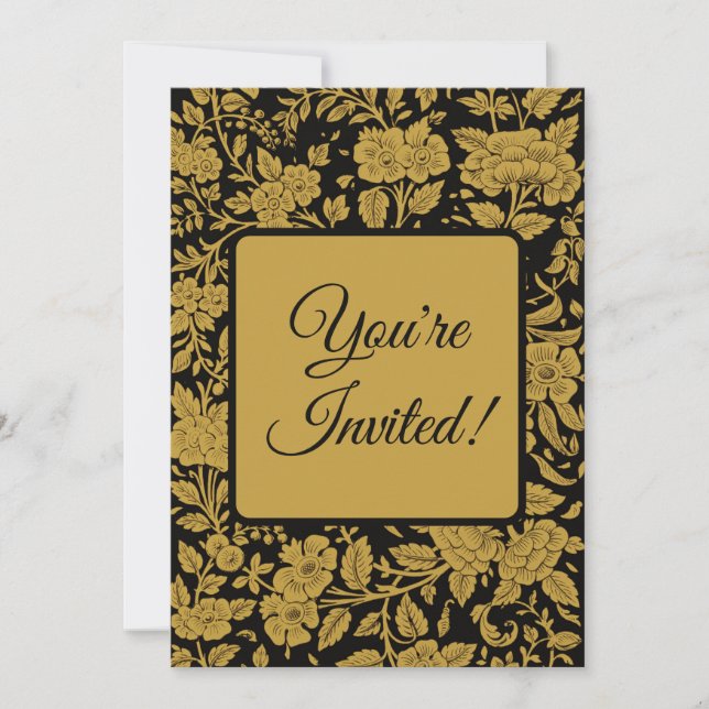 Invitation Antique Gold Floral Indian Lac-work Black Pattern (Devant)