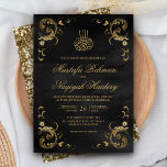 Invitation Antique Gold Frame Black Mariage islamique<br><div class="desc">Éblouissez vos invités avec cette invitation de mariage de style islamique avec un cadre vintage délicat et "Bismillah" en calligraphie arabe. Ajoutez simplement les détails de votre événement sur ce modèle facile à utiliser pour en faire une invitation unique.</div>