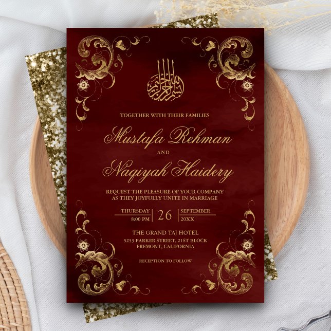 Invitation Antique Gold Frame Bourgogne Rouge Mariage islamiq (Créateur téléchargé)