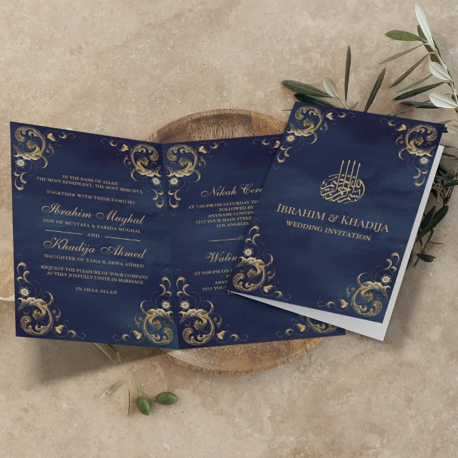 Invitation Antique Gold Frame Marine Bleu Mariage islamique (Créateur téléchargé)