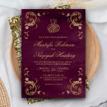 Invitation Antique Gold Frame Plum Purple Mariage islamique<br><div class="desc">Éblouissez vos invités avec cette invitation de mariage de style islamique avec un cadre vintage délicat et "Bismillah" en calligraphie arabe. Ajoutez simplement les détails de votre événement sur ce modèle facile à utiliser pour en faire une invitation unique.</div>