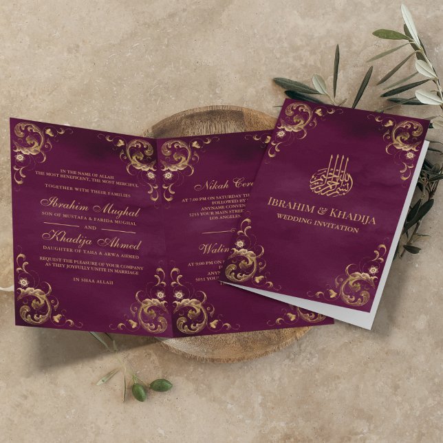 Invitation Antique Gold Frame Plum Purple Mariage islamique (Créateur téléchargé)