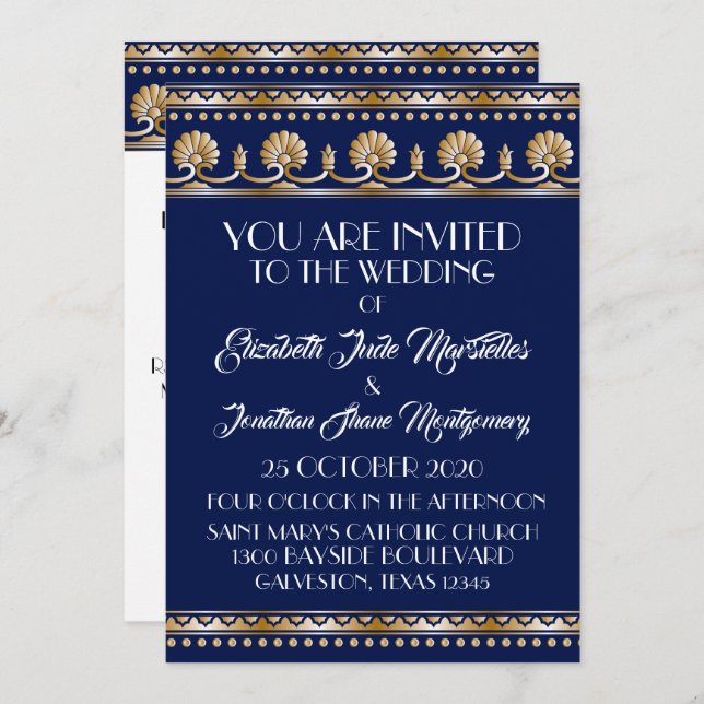 Invitation Antique Gold Lovely Blue Mariage - Événement offic (Devant / Derrière)