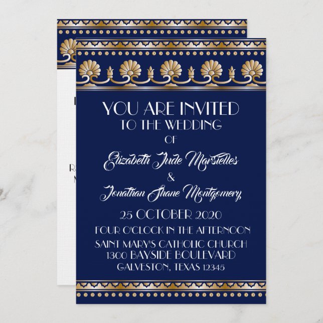 Invitation Antique Gold Lovely Blue Mariage - Événement offic (Devant / Derrière)