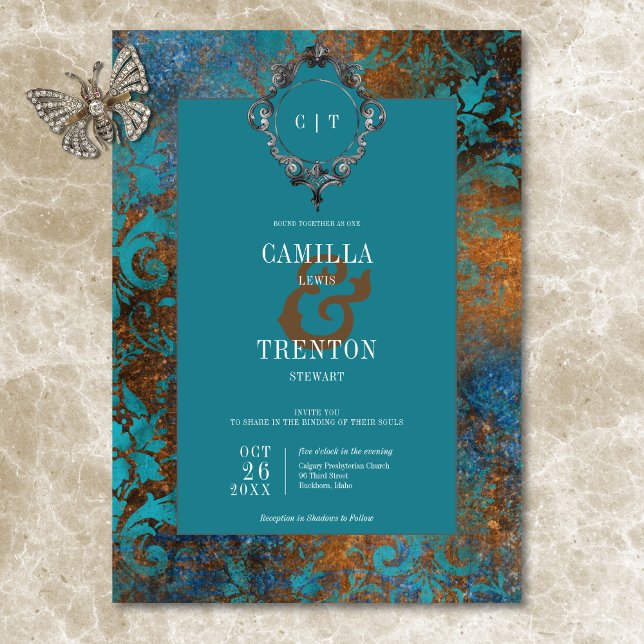 Invitation Antique gothique Turquoise or Mariage damassé (Gothic Antique Teal Gold Damask Wedding Invitation)