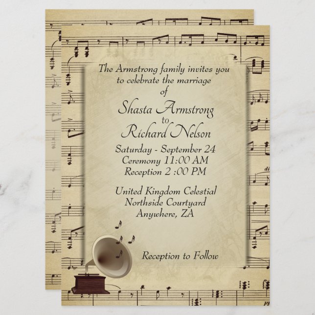 Invitation Antique Gramophone Musique Mariage Thème Invitatio (Devant / Derrière)