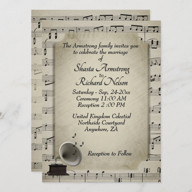 Invitation Antique Gramophone Musique Mariage Thème Invitatio (Devant / Derrière)