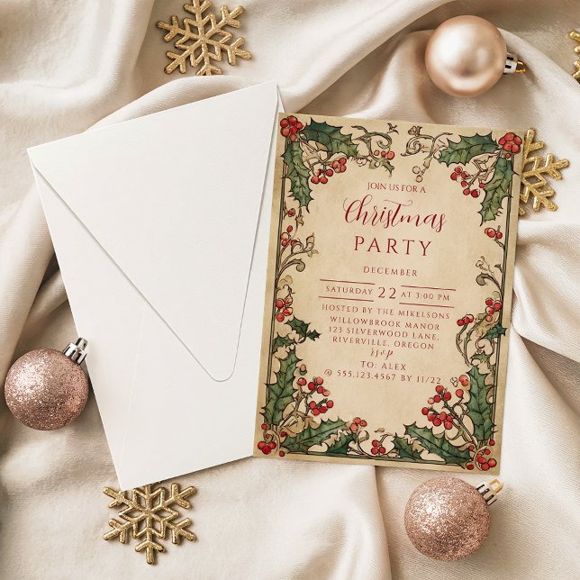 Invitation Antique Holly Berry Noël (Créateur téléchargé)