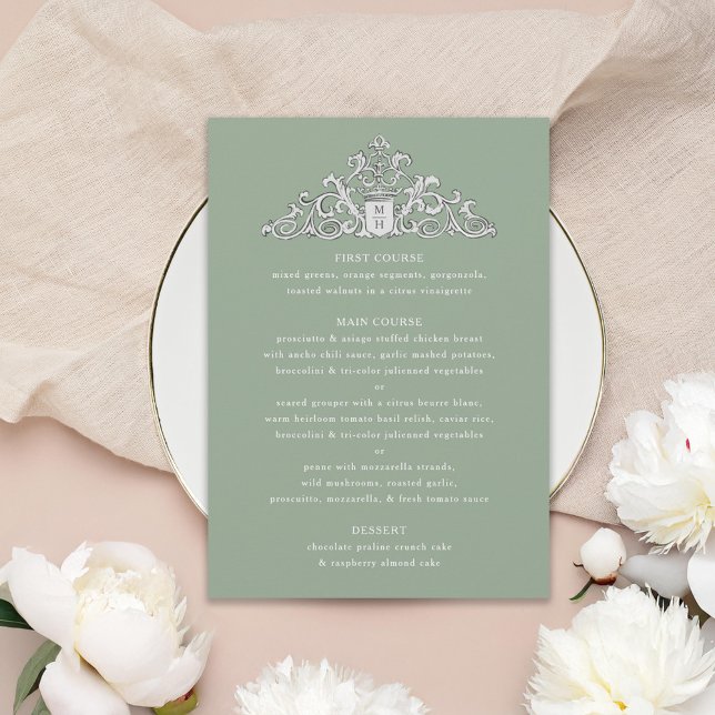 Invitation Antique ivoire Crest Sage Mariage Dîner Menu (Créateur téléchargé)