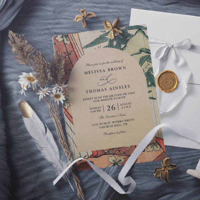 Invitation Antique Japanese Kimono Bamboo QR Code Wedding (Créateur téléchargé)