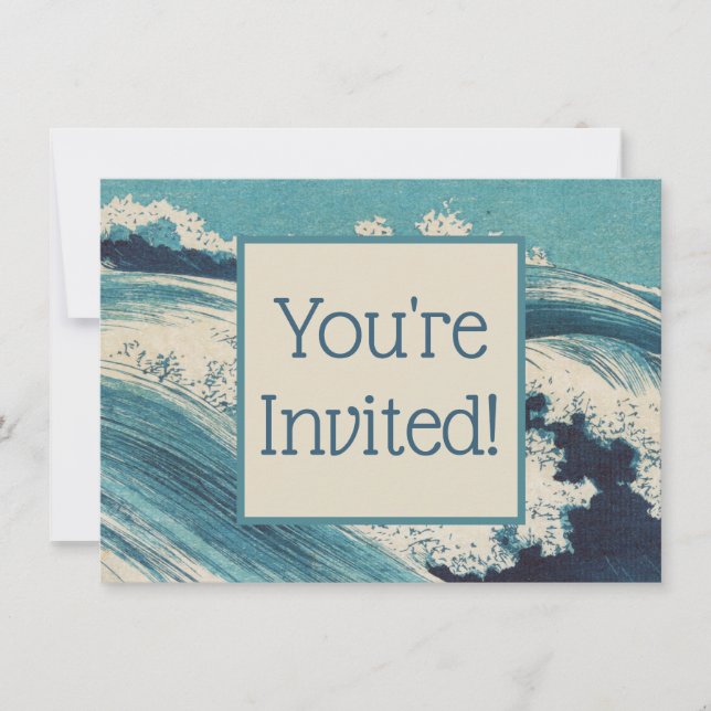 Invitation Antique Japonais Bleu Vagues Océan Imprimer (Devant)