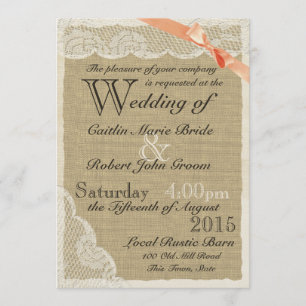 Invitation Antique Lace Coral Bow Mariage campagnard