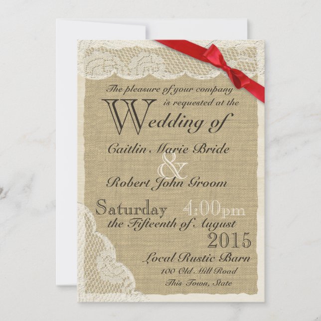 Invitation Antique Mariage campagnard Lace Red Bow (Devant)