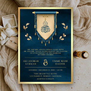 Invitation Antique Ocean Blue Gold Scroll Mariage musulman