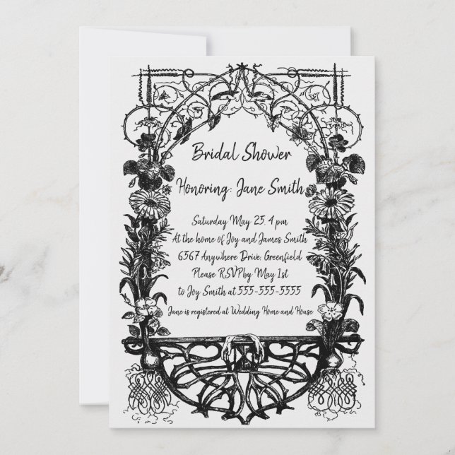 Invitation Antique Orné Rustique Monochrome Floral (Devant)