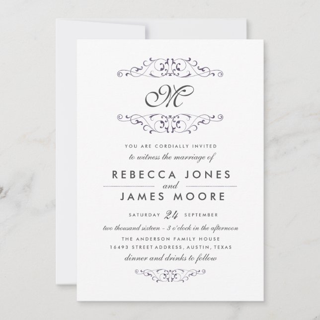 Invitation Antique Purple Flourish Monogramme Mariage Invitat (Devant)