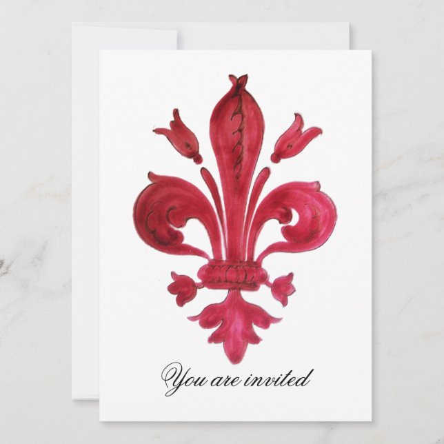 Invitation ANTIQUE ROUGE FLEUR DE LIS Damask Gem Monogramme (Devant)