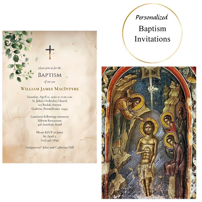 Invitation Antique Style Parchment Greenery Baptism (Créateur téléchargé)
