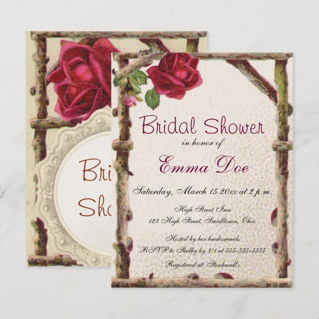Invitation Antique victorienne vintage ancienne rose rustique (Devant / Derrière)