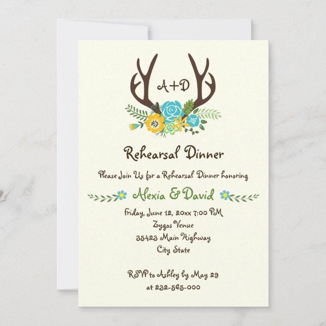 Invitation Antlers dîner de répétition mariage monogramme flo (Devant)