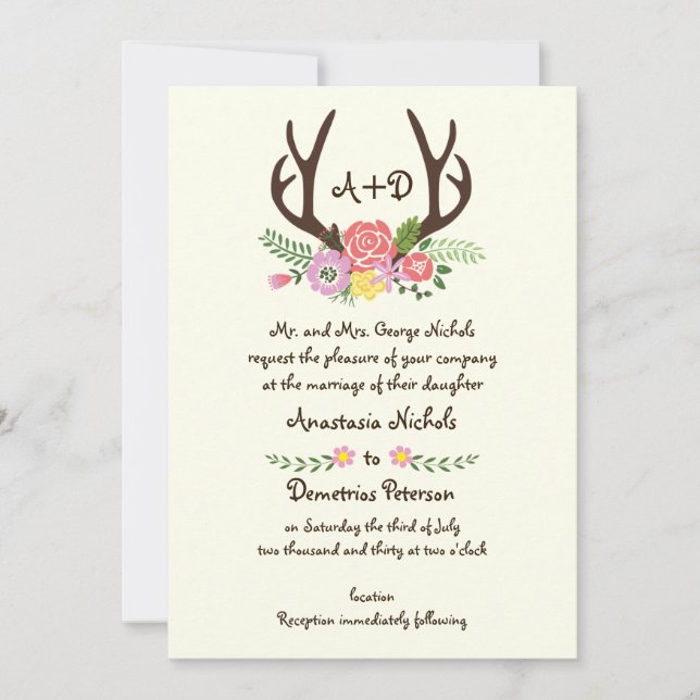 Invitation Antlers et fleurs sauvages monogramme mariage bois (Devant)