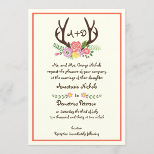 Invitation Antlers & fleurs de corail monogramme mariage bois