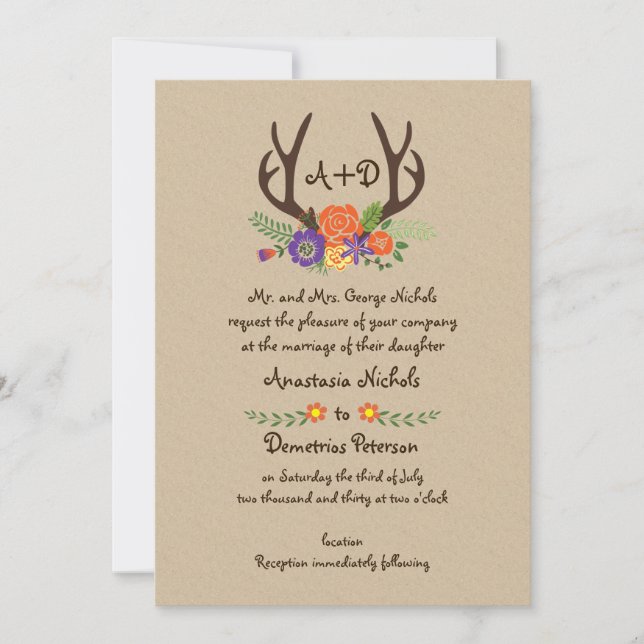 Invitation Antlers & fleurs orange monogramme mariage boisé (Devant)
