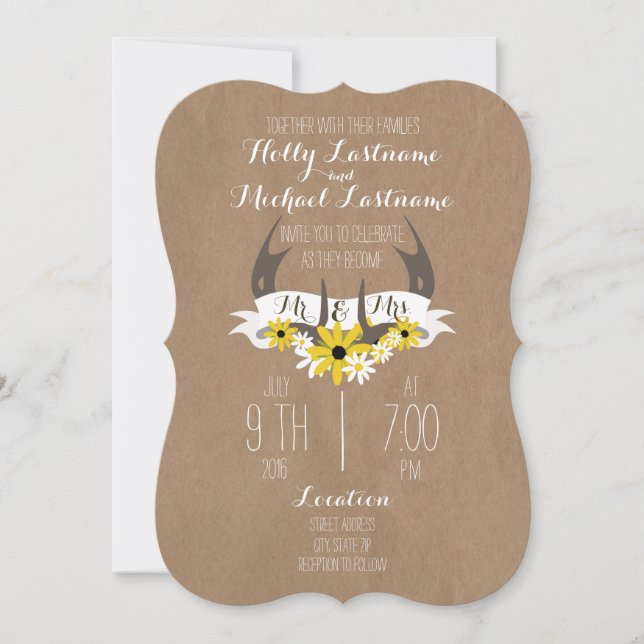 Invitation Antlers inspirés par le carton + Mariage Fleur sau (Devant)