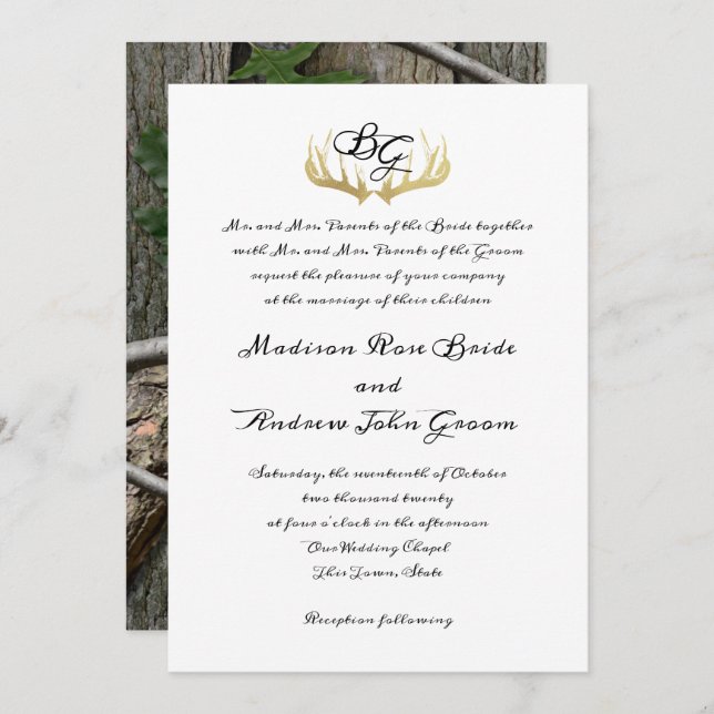 Invitation Antlers Monogramme et Mariage des arbres de bois (Devant / Derrière)