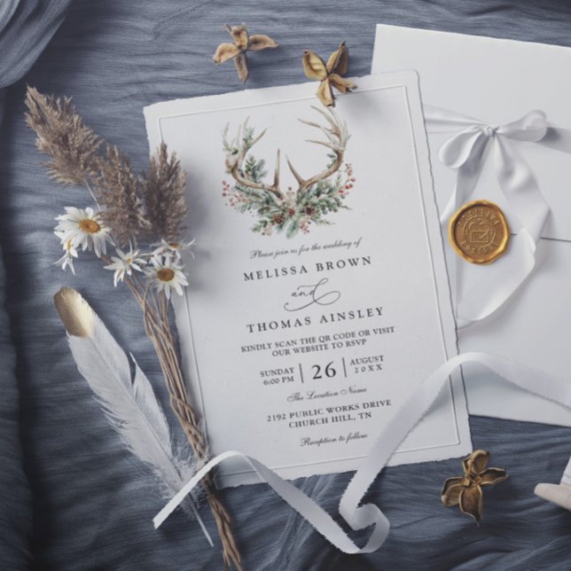 Invitation Antlers Rustic Floral Greenery QR Code Wedding (Créateur téléchargé)