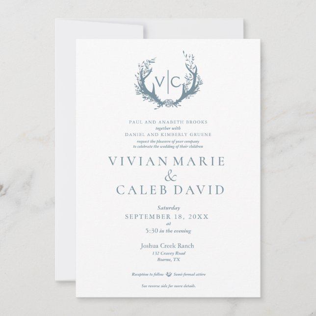 Invitation Antlers rustiques avec couronne fleurie | MARIAGE (Devant)