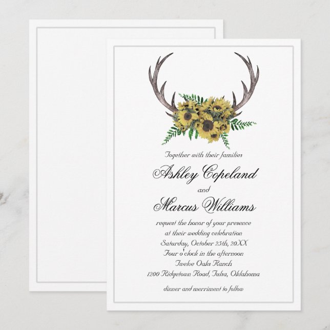Invitation Antlers rustiques Boho Sunflowers Mariage (Devant / Derrière)