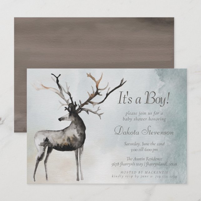 Invitation Antlers rustiques | Ethereal Woodland Baby Boy Dou (Devant / Derrière)