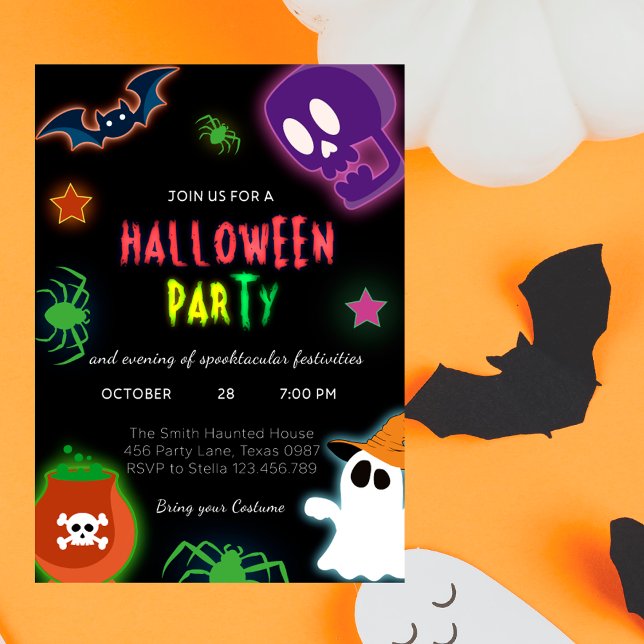 Invitation Anual Halloween Custom Party Neon Cute Ghost (Créateur téléchargé)