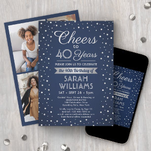 Invitation ANY Anniversaire Cheers Confettis Navy & Blanc 4 P