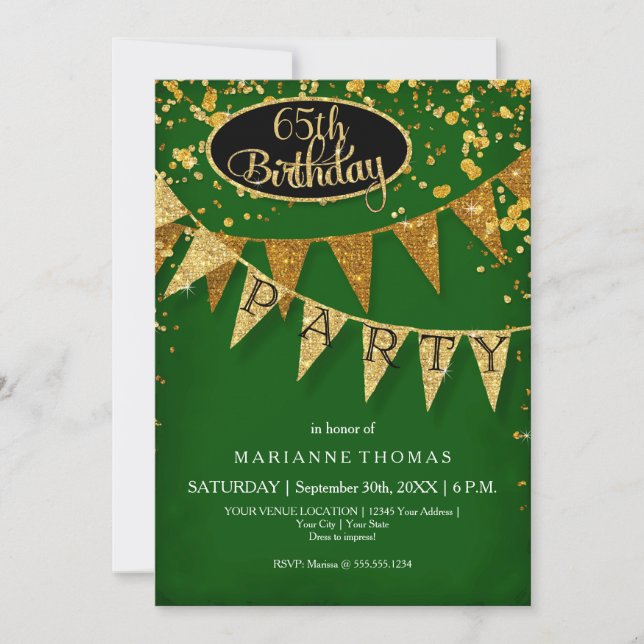Invitation Any Birthday Emerald Gold Pennant Banner Confetti (Devant)