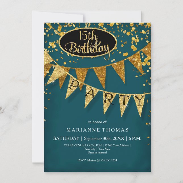 Invitation Any Birthday Peacock Blue Gold Confetti Pennant (Devant)