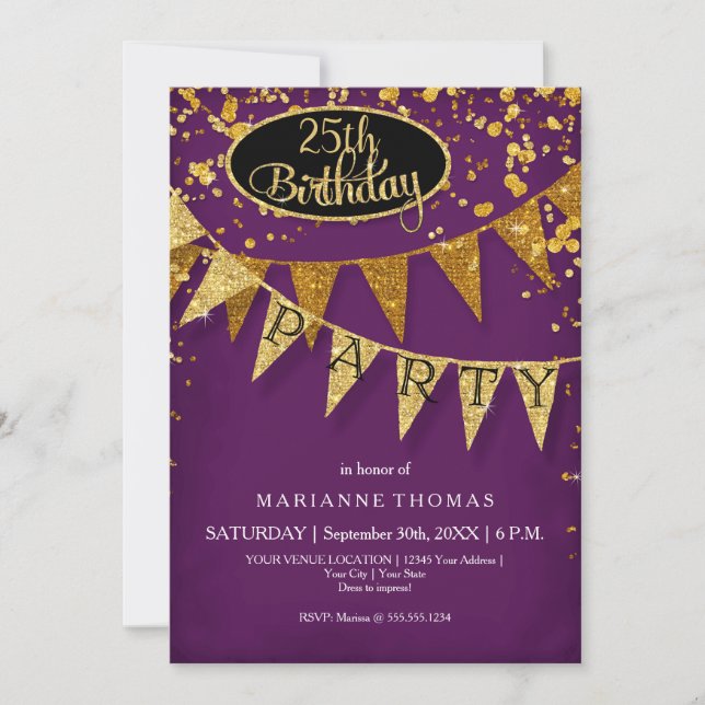 Invitation Any Birthday Purple Gold Confetti Pennant Banner (Devant)