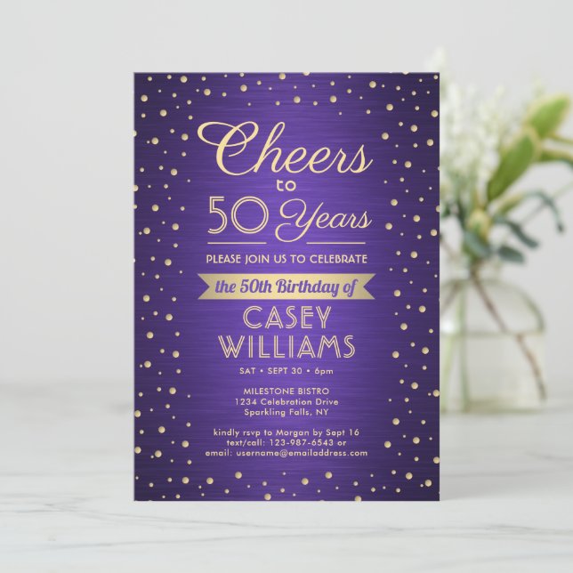 Invitation ANY Joyeux Anniversaire Brushed Violet et Or Confe (Debout devant)