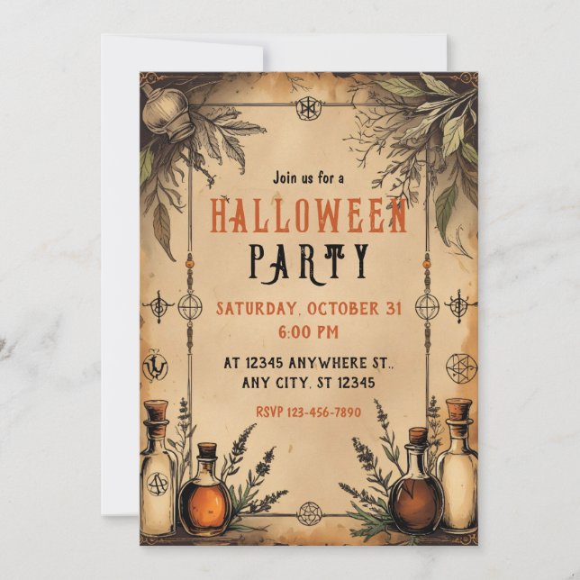 Invitation Apothecaire vintage, Bouteilles de potion, Hallowe (Devant)