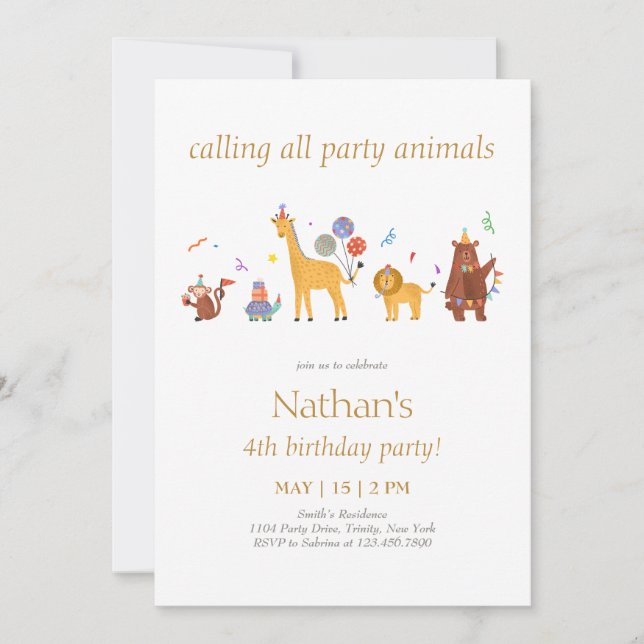 Invitation Appel à tous les animaux de fête Anniversaire (Devant)