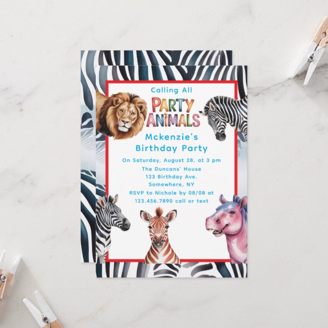 Invitation Appel à tous les animaux de fête Fête d'anniversai (Devant/Arrière en situation)