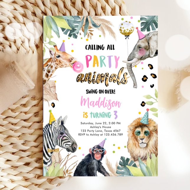 Invitation Appel à tous les animaux de fête Safari Zoo Girl A (Créateur téléchargé)